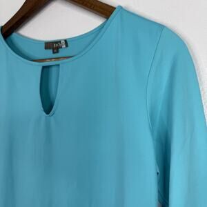 Judy P Top Blouse Womens M Blue Microfiber Keyhole 3/4 Sleeve Stretch